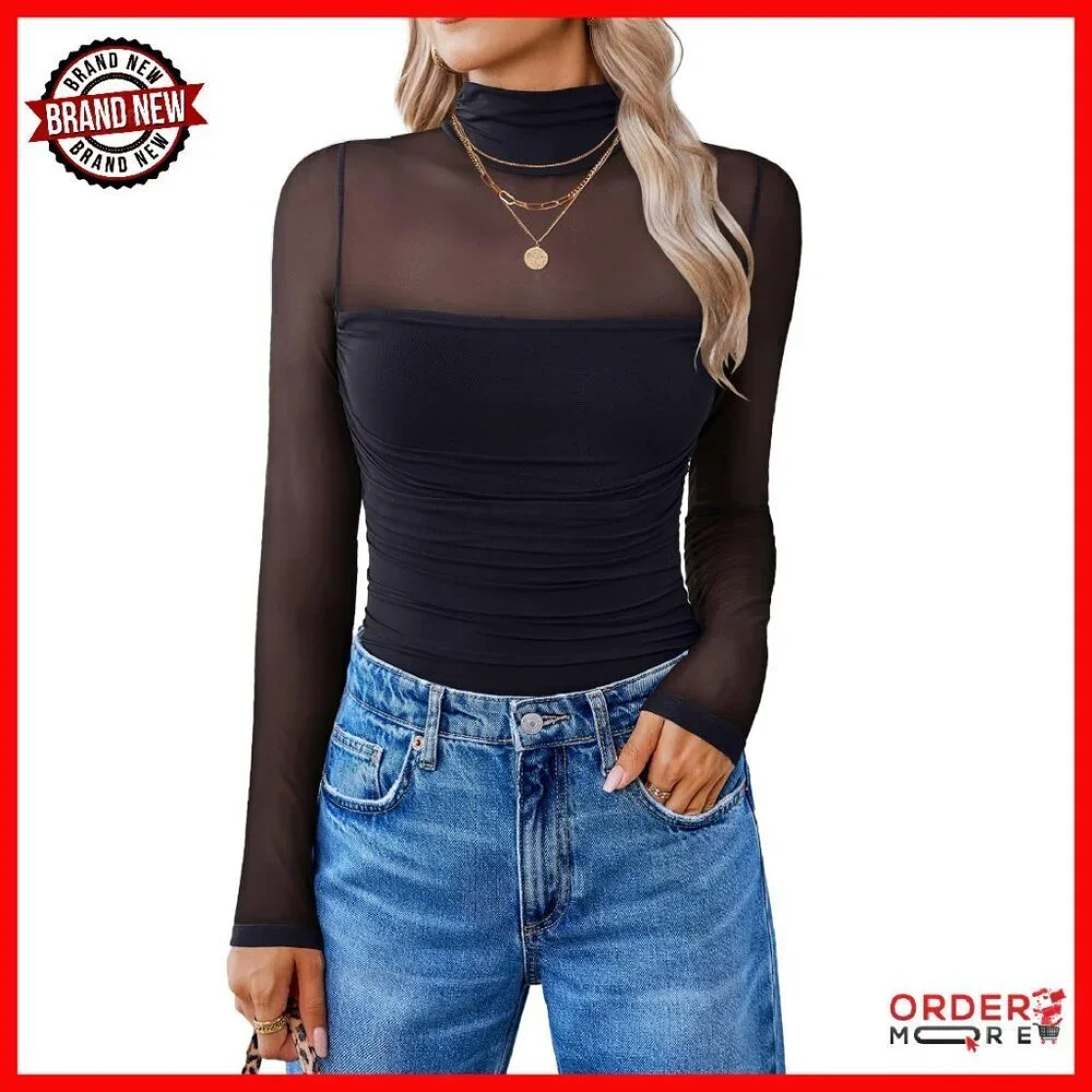 Long Sleeve Mesh Bodysuit Shapewear Turtle Neck Thong Back Snap Closure